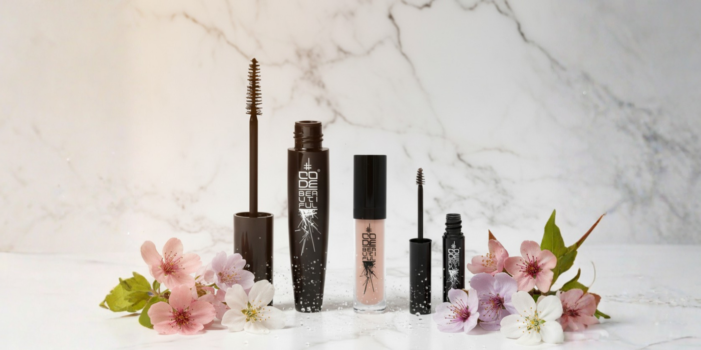 Makeup products including mascara on a marble surface with flowers, and a discount text overlay.