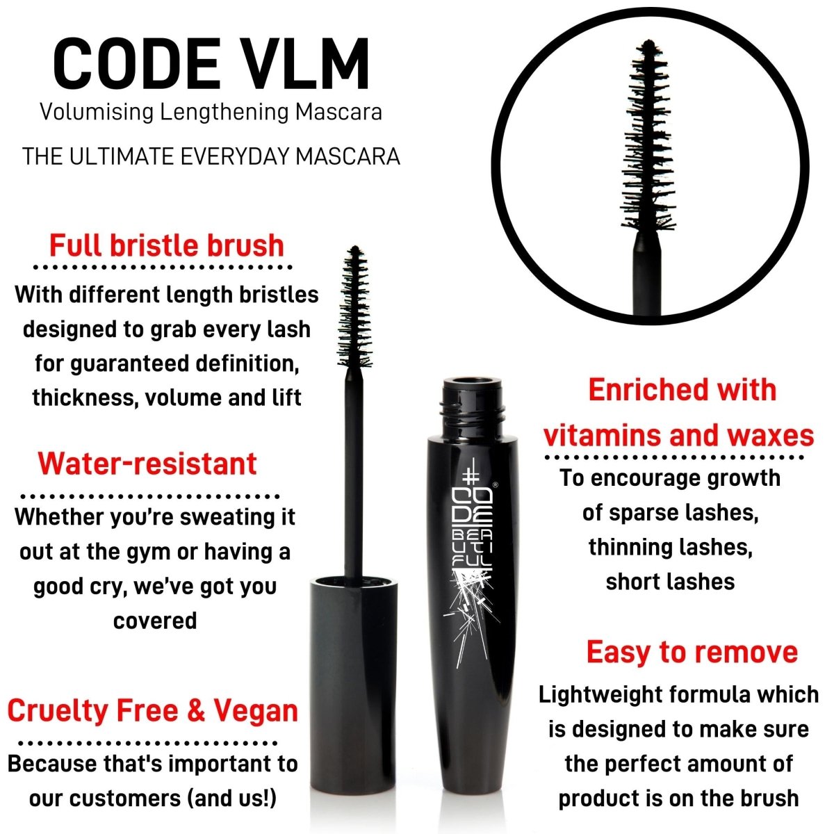 CODE VLM Volumising Lengthening Mascara - Water-Resistant & Gentle for Sensitive Eyes - CODE Beautiful