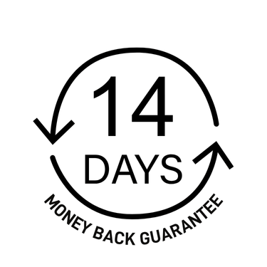 14 Days Money Back Guarantee logo with arrows pointing towards the number 14 on a white background