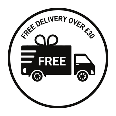 Free delivery over £30 logo with a delivery truck and gift box icon.